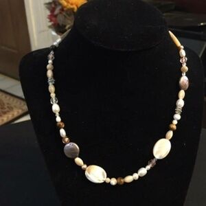 16" Necklace Antique Silver Shades of Brown Beads